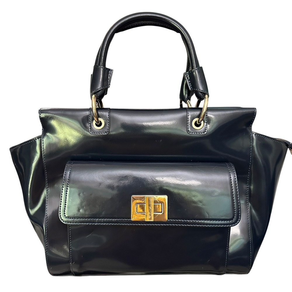 Alberta diCanio Made in Italy Navy Blue Shiny Leather Structured Satchel Large